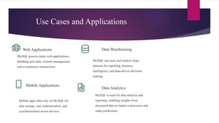 Use Cases and Applications
Web Applications
MySQL powers many web applications,
handling user data, content management,
and e-commerce transactions.
Data Warehousing
MySQL can store and analyze large
datasets for reporting, business
intelligence, and data-driven decision-
making.
Mobile Applications
Mobile apps often rely on MySQL for
data storage, user authentication, and
synchronization across devices.
Data Analytics
MySQL is used for data analysis and
reporting, enabling insights from
structured data to improve processes and
make predictions.
 