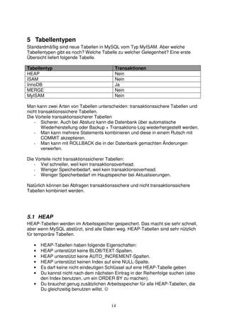 5 Tabellentypen 
Standardmäßig sind neue Tabellen in MySQL vom Typ MyISAM. Aber welche 
Tabellentypen gibt es noch? Welche Tabelle zu welcher Gelegenheit? Eine erste 
Übersicht liefert folgende Tabelle. 
Tabellentyp Transaktionen 
HEAP Nein 
ISAM Nein 
InnoDB Ja 
MERGE Nein 
MyISAM Nein 
Man kann zwei Arten von Tabellen unterscheiden: transaktionssichere Tabellen und 
nicht transaktionssichere Tabellen. 
Die Vorteile transaktionssicherer Tabellen 
- Sicherer. Auch bei Absturz kann die Datenbank über automatische 
Wiederherstellung oder Backup + Transaktions-Log wiederhergestellt werden. 
- Man kann mehrere Statements kombinieren und diese in einem Rutsch mit 
14 
COMMIT akzeptieren. 
- Man kann mit ROLLBACK die in der Datenbank gemachten Änderungen 
verwerfen. 
Die Vorteile nicht transaktionssicherer Tabellen: 
- Viel schneller, weil kein transaktionsoverhead. 
- Weniger Speicherbedarf, weil kein transaktionsoverhead. 
- Weniger Speicherbedarf im Hauptspeicher bei Aktualisierungen. 
Natürlich können bei Abfragen transaktionssichere und nicht transaktionssichere 
Tabellen kombiniert werden. 
5.1 HEAP 
HEAP-Tabellen werden im Arbeitsspeicher gespeichert. Das macht sie sehr schnell, 
aber wenn MySQL abstürzt, sind alle Daten weg. HEAP-Tabellen sind sehr nützlich 
für temporäre Tabellen. 
• HEAP-Tabellen haben folgende Eigenschaften: 
• HEAP unterstützt keine BLOB/TEXT-Spalten. 
• HEAP unterstützt keine AUTO_INCREMENT-Spalten. 
• HEAP unterstützt keinen Index auf eine NULL-Spalte. 
• Es darf keine nicht eindeutigen Schlüssel auf eine HEAP-Tabelle geben 
• Du kannst nicht nach dem nächsten Eintrag in der Reihenfolge suchen (also 
den Index benutzen, um ein ORDER BY zu machen). 
• Du brauchst genug zusätzlichen Arbeitsspeicher für alle HEAP-Tabellen, die 
Du gleichzeitig benutzen willst. ☺ 
 