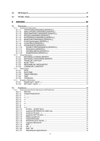 8.2 DB Designer4......................................................................................................................................... 25 
8.3 MYSQL Admin..................................................................................................................................... 28 
9 ANHANG........................................................................................................... 30 
9.1 Datentypen............................................................................................................................................. 30 
9.1.1 Numerische Datentypen..................................................................................................................... 30 
9.1.1.1 TINYINT[(M)] [UNSIGNED] [ZEROFILL]............................................................................ 30 
9.1.1.2 SMALLINT[(M)] [UNSIGNED] [ZEROFILL]........................................................................ 30 
9.1.1.3 MEDIUMINT[(M)] [UNSIGNED] [ZEROFILL]..................................................................... 30 
9.1.1.4 INT[(M)] [UNSIGNED] [ZEROFILL]..................................................................................... 30 
9.1.1.5 INTEGER[(M)] [UNSIGNED] [ZEROFILL].......................................................................... 30 
9.1.1.6 BIGINT[(M)] [UNSIGNED] [ZEROFILL] .............................................................................. 30 
9.1.1.7 FLOAT(genauigkeit) [ZEROFILL] ........................................................................................ 31 
9.1.1.8 FLOAT[(M,D)] [ZEROFILL]................................................................................................... 31 
9.1.1.9 DOUBLE[(M,D)] [ZEROFILL] ............................................................................................... 31 
9.1.1.10 DOUBLE PRECISION[(M,D)] [ZEROFILL] ................................................................... 31 
9.1.1.11 REAL[(M,D)] [ZEROFILL] ................................................................................................ 31 
9.1.1.12 DECIMAL[(M[,D])] [ZEROFILL] ....................................................................................... 31 
9.1.1.13 NUMERIC(M,D) [ZEROFILL] .......................................................................................... 31 
9.1.2 String Datentypen .............................................................................................................................. 32 
9.1.2.1 [NATIONAL] CHAR(M) [BINARY] ....................................................................................... 32 
9.1.2.2 [NATIONAL] VARCHAR(M) [BINARY] ............................................................................... 32 
9.1.2.3 TINYBLOB | TINYTEXT........................................................................................................ 32 
9.1.2.4 BLOB | TEXT.......................................................................................................................... 32 
9.1.2.5 MEDIUMBLOB | MEDIUMTEXT.......................................................................................... 32 
9.1.2.6 LONGBLOB | LONGTEXT ................................................................................................... 32 
9.1.3 Datumstypen ...................................................................................................................................... 32 
9.1.3.1 DATE ....................................................................................................................................... 32 
9.1.3.2 DATETIME.............................................................................................................................. 33 
9.1.3.3 TIMESTAMP[(M)]................................................................................................................... 33 
9.1.3.4 TIME ........................................................................................................................................ 33 
9.1.3.5 YEAR[(2|4)]............................................................................................................................. 33 
9.1.4 Komplexe Datentypen........................................................................................................................ 33 
9.1.4.1 ENUM('wert1','wert2',...)........................................................................................................ 33 
9.1.4.2 SET('wert1','wert2',...)............................................................................................................ 33 
9.2 Funktionen............................................................................................................................................. 33 
9.2.1 Nicht typenspezifische Operatoren und Funktionen .......................................................................... 34 
9.2.1.1 Klammer .................................................................................................................................. 34 
9.2.1.2 Vergleichsoperatoren ............................................................................................................ 34 
9.2.1.3 =................................................................................................................................................ 34 
9.2.1.4 <> , != ...................................................................................................................................... 35 
9.2.1.5 <= ............................................................................................................................................. 35 
9.2.1.6 <................................................................................................................................................ 35 
9.2.1.7 >= ............................................................................................................................................. 35 
9.2.1.8 >................................................................................................................................................ 35 
9.2.1.9 <=>........................................................................................................................................... 35 
9.2.1.10 IS NULL , IS NOT NULL .................................................................................................. 35 
9.2.1.11 ausdruck BETWEEN min AND max............................................................................... 35 
9.2.1.12 ausdruck IN (wert,...) ........................................................................................................ 36 
9.2.1.13 ausdruck NOT IN (wert,...)............................................................................................... 36 
9.2.1.14 ISNULL(ausdruck) ............................................................................................................ 36 
9.2.1.15 COALESCE(liste).............................................................................................................. 36 
9.2.1.16 INTERVAL(N,N1,N2,N3,...) ............................................................................................. 37 
9.2.1.17 Logische Operatoren ........................................................................................................ 37 
9.2.1.18 NOT , ! ................................................................................................................................ 37 
9.2.1.19 OR , ||.................................................................................................................................. 37 
9.2.1.20 AND , &&............................................................................................................................ 38 
9.2.1.21 Ablaufsteuerungsfunktionen............................................................................................ 38 
3 
 