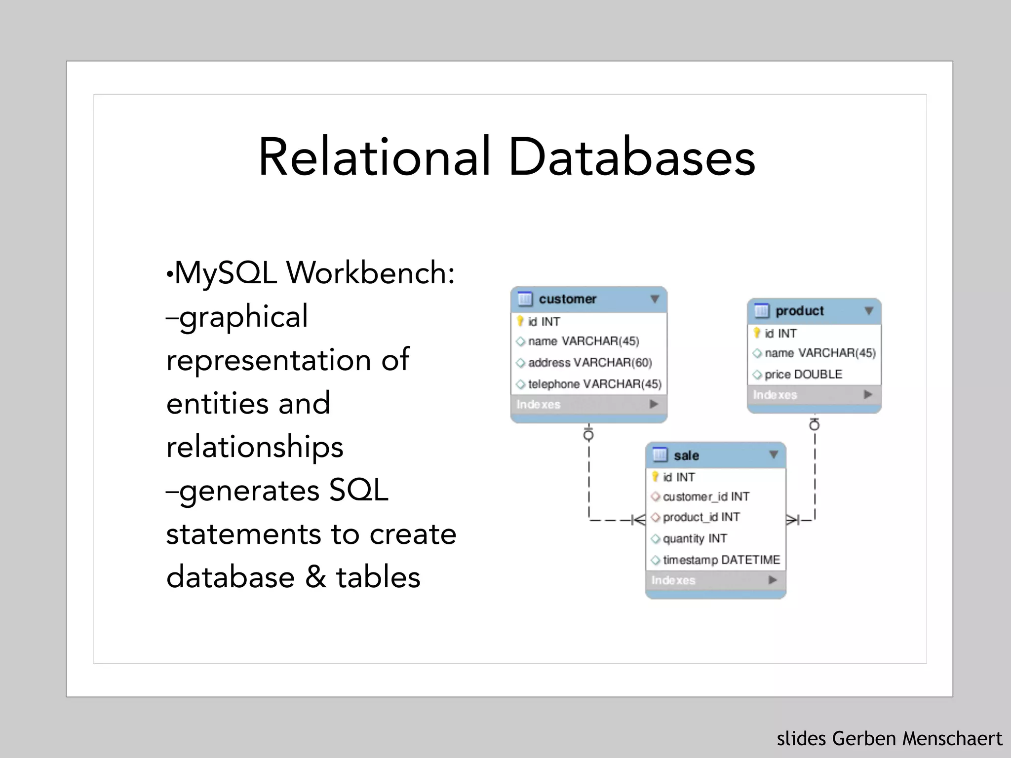 slides Gerben Menschaert
Relational Databases
!MySQL Workbench:
–graphical
representation of
entities and
relationships
–generates SQL
statements to create
database & tables
 