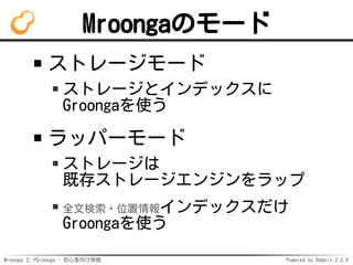 Mroonga と PGroonga - 初心者向け情報 Powered by Rabbit 2.2.0
Mroongaのモード
ストレージモード
ストレージとインデックスに
Groongaを使う
ラッパーモード
ストレージは
既存ストレージエンジンをラップ
全文検索・位置情報インデックスだけ
Groongaを使う
 