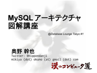 MySQLMySQL アーキテクチャアーキテクチャ
図解講座図解講座
奥野 幹也
Twitter: @nippondanji
mikiya (dot) okuno (at) gmail (dot) com
@Database Lounge Tokyo #1
 