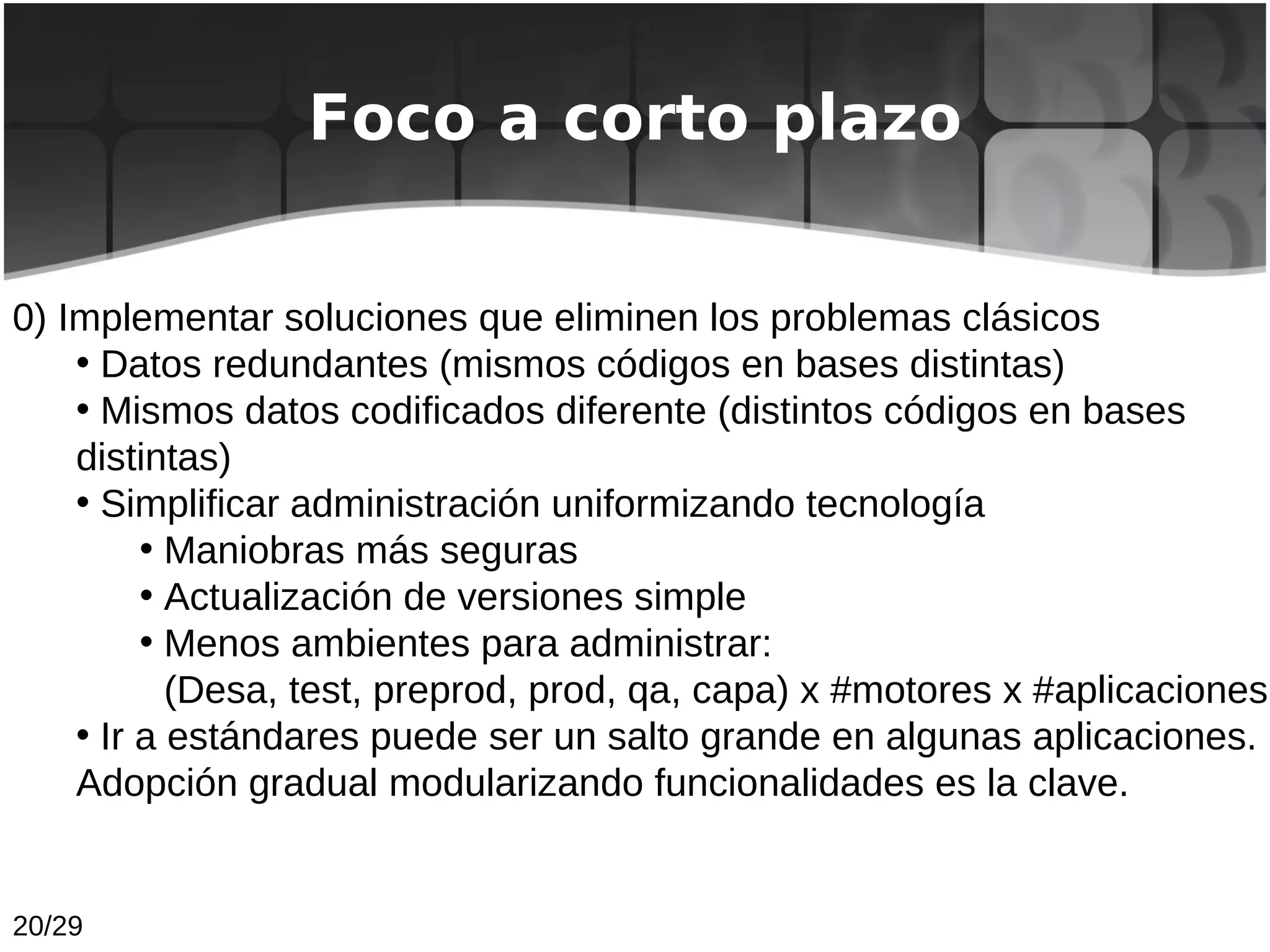 Foco a corto plazo


0) Implementar soluciones que eliminen los problemas clásicos
    • Datos redundantes (mismos códigos en bases distintas)
    • Mismos datos codificados diferente (distintos códigos en bases
    distintas)
    • Simplificar administración uniformizando tecnología
         • Maniobras más seguras
         • Actualización de versiones simple
         • Menos ambientes para administrar:
           (Desa, test, preprod, prod, qa, capa) x #motores x #aplicaciones
    • Ir a estándares puede ser un salto grande en algunas aplicaciones.
    Adopción gradual modularizando funcionalidades es la clave.


20/29
 