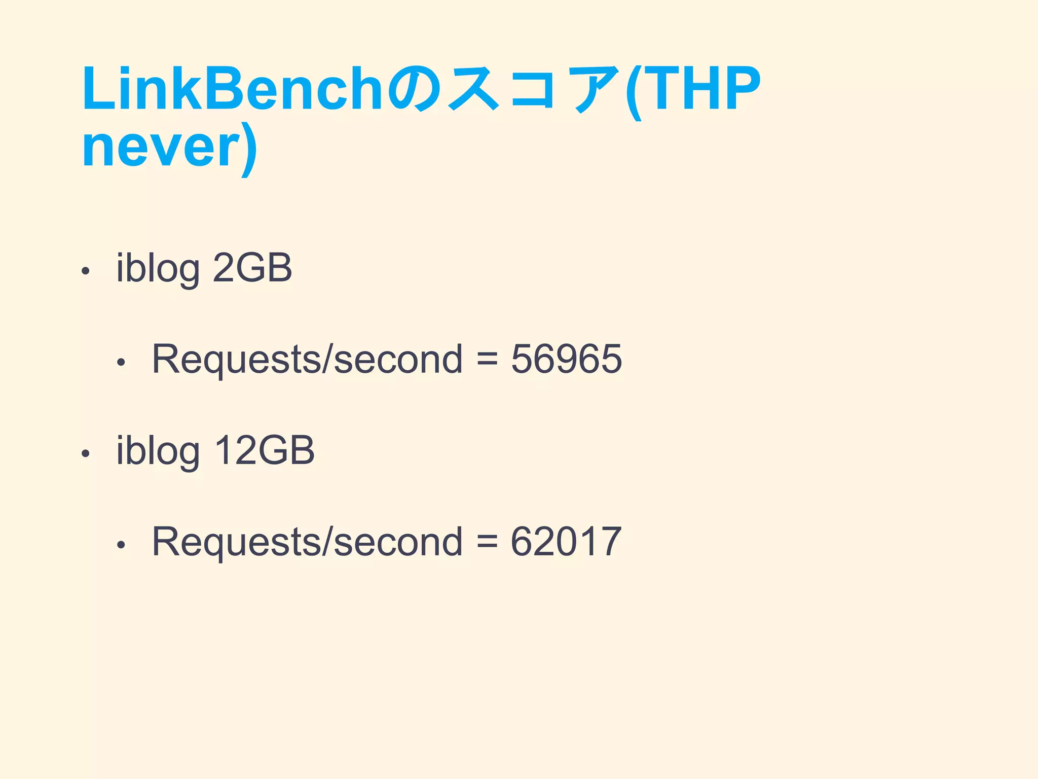 LinkBenchのスコア(THP
never)
• iblog 2GB
• Requests/second = 56965
• iblog 12GB
• Requests/second = 62017
 