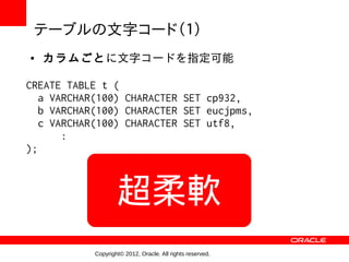 テーブルの文字コード（１）
●   カラムごとに文字コードを指定可能

CREATE TABLE t (
   a VARCHAR(100) CHARACTER SET cp932,
   b VARCHAR(100) CHARACTER SET eucjpms,
   c VARCHAR(100) CHARACTER SET utf8,
       :
);



                    超柔軟
            Copyright© 2012, Oracle. All rights reserved.
 