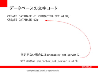 データベースの文字コード
CREATE DATABASE d1 CHARACTER SET utf8;
CREATE DATABASE d2;




       指定がない場合には character_set_server に

       SET GLOBAL character_set_server = utf8


           Copyright© 2012, Oracle. All rights reserved.
 