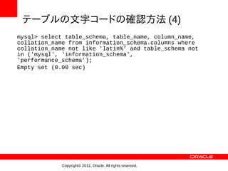 テーブルの文字コードの確認方法 (4)
mysql> select table_schema, table_name, column_name,
collation_name from information_schema.columns where
collation_name not like 'latin%' and table_schema not
in ('mysql', 'information_schema',
'performance_schema');
Empty set (0.00 sec)




             Copyright© 2012, Oracle. All rights reserved.
 