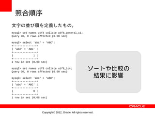 照合順序
文字の並び順を定義したもの。
mysql> set names utf8 collate utf8_general_ci;
Query OK, 0 rows affected (0.00 sec)

mysql> select 'abc' = 'ABC';
+---------------+
| 'abc' = 'ABC' |
+---------------+
|             1 |
+---------------+
1 row in set (0.00 sec)

mysql> set names utf8 collate utf8_bin;
Query OK, 0 rows affected (0.00 sec)
                                                          ソートや比較の
mysql> select 'abc' = 'ABC';
                                                           結果に影響
+---------------+
| 'abc' = 'ABC' |
+---------------+
|             0 |
+---------------+
1 row in set (0.00 sec)




                   Copyright© 2012, Oracle. All rights reserved.
 
