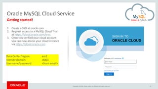 Copyright © 2016, Oracle and/or its affiliates. All rights reserved. |
Oracle MySQL Cloud Service
23
Getting started!
1. Create a SSO at oracle.com
2. Request access to a MySQL Cloud Trial
at https://cloud.oracle.com/tryit
3. Once you verified your cloud account
you can now access your cloud instance
via https://cloud.oracle.com
Data Center/region: em2
Identity domain: ct003
Username/password: <from email>
 
