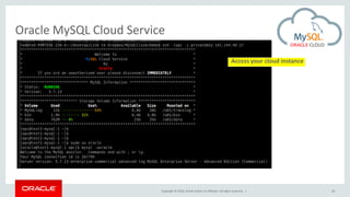 Copyright © 2016, Oracle and/or its affiliates. All rights reserved. |
Oracle MySQL Cloud Service
29
Access your cloud instance
 