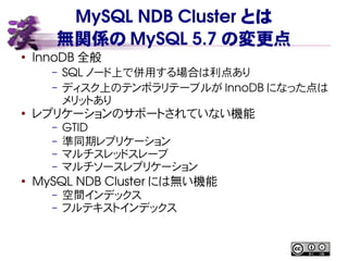 MySQL NDB Cluster とは
無関係の MySQL 5.7 の変更点
●
InnoDB 全般
– SQL ノード上で併用する場合は利点あり
– ディスク上のテンポラリテーブルが InnoDB になった点は
メリットあり
● レプリケーションのサポートされていない機能
– GTID
– 準同期レプリケーション
– マルチスレッドスレーブ
– マルチソースレプリケーション
●
MySQL NDB Cluster には無い機能
– 空間インデックス
– フルテキストインデックス
 