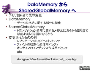 DataMemory から
SharedGlobalMemory へ
● メモリ割り当て先の変更
●
DataMemory
– データの格納に関する部分に特化
●
SharedGlobalMemory
– トランザクション処理に関するメモリはこちらから割り当て
– 以前より多く必要になるかも
●
変更されたものの例
– レプリケーション用イベントバッファ
– ファイルの初期化処理用バッファ
– オフラインのインデックス作成用バッファ
etc
storage/ndb/src/kernel/blocks/record_types.hpp
 