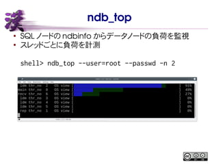 ndb_top
●
SQL ノードの ndbinfo からデータノードの負荷を監視
●
スレッドごとに負荷を計測
shell> ndb_top --user=root --passwd -n 2
 