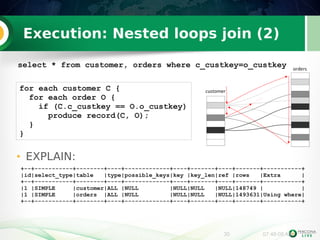 30 07:48:08 AM
Execution: Nested loops join (2)
select * from customer, orders where c_custkey=o_custkey
for each customer C {
for each order O {
if (C.c_custkey == O.o_custkey)
produce record(C, O);
}
}
• EXPLAIN:
+--+-----------+--------+----+-------------+----+-------+----+-------+-----------+
|id|select_type|table |type|possible_keys|key |key_len|ref |rows |Extra |
+--+-----------+--------+----+-------------+----+-------+----+-------+-----------+
|1 |SIMPLE |customer|ALL |NULL |NULL|NULL |NULL|148749 | |
|1 |SIMPLE |orders |ALL |NULL |NULL|NULL |NULL|1493631|Using where|
+--+-----------+--------+----+-------------+----+-------+----+-------+-----------+
 