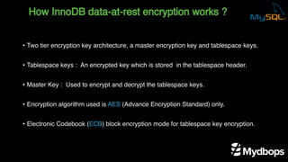 How InnoDB data-at-rest encryption works ?
• Two tier encryption key architecture, a master encryption key and tablespace keys.
• Tablespace keys : An encrypted key which is stored in the tablespace header.
• Master Key : Used to encrypt and decrypt the tablespace keys.
• Encryption algorithm used is AES (Advance Encryption Standard) only.
• Electronic Codebook (ECB) block encryption mode for tablespace key encryption.
 