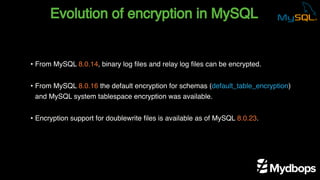 Evolution of encryption in MySQL
• From MySQL 8.0.14, binary log files and relay log files can be encrypted.
• From MySQL 8.0.16 the default encryption for schemas (default_table_encryption)
and MySQL system tablespace encryption was available.
• Encryption support for doublewrite files is available as of MySQL 8.0.23.
 