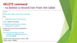 DELETE command
- to Delete a record/row from the table
syntax
delete from table_name where condition
e.g.
(i)Delete all data from the emp
table; delete from emp;
(ii)Delete those information whose
designation is analyst;
delete from emp where designation
=‘analyst’;
(iii) Increase the salary of those
employee by 200 whose salary is
less than 40000;
update emp where salary= salary +200
where salary <40000;
 