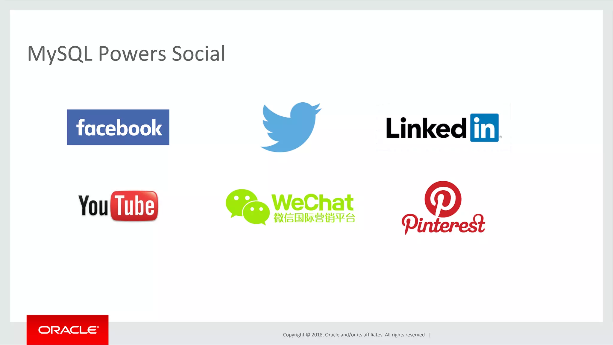 Copyright	©	2018,	Oracle	and/or	its	affiliates.	All	rights	reserved.	| MySQL	Powers	Social 
