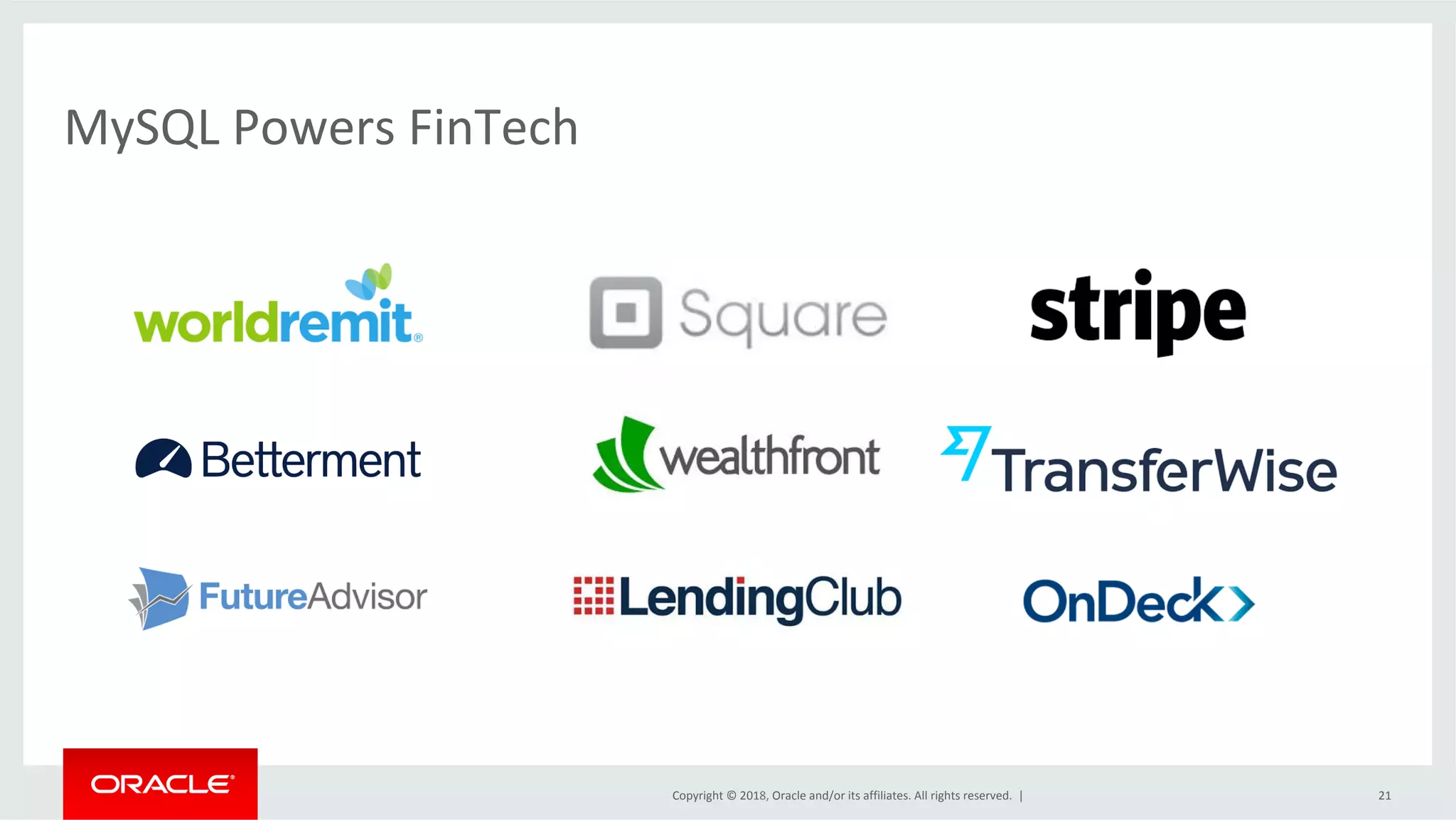 Copyright	©	2018,	Oracle	and/or	its	affiliates.	All	rights	reserved.	| MySQL	Powers	FinTech 21 