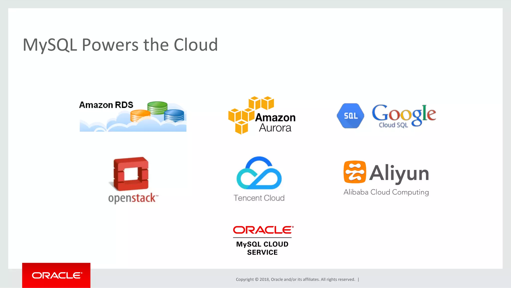 Copyright	©	2018,	Oracle	and/or	its	affiliates.	All	rights	reserved.	| MySQL	Powers	the	Cloud 