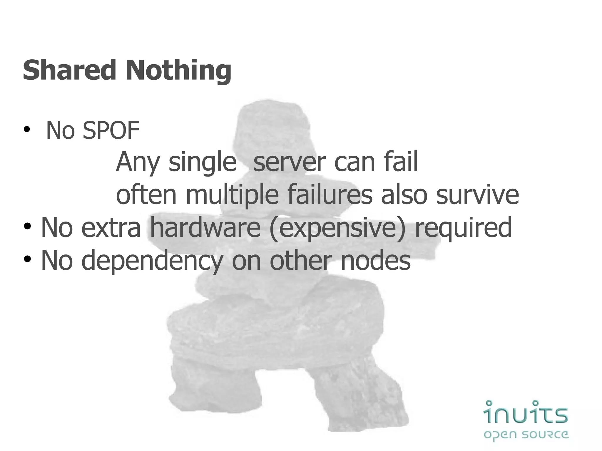 Shared Nothing No SPOF Any single  server can fail often multiple failures also survive No extra hardware (expensive) required No dependency on other nodes 