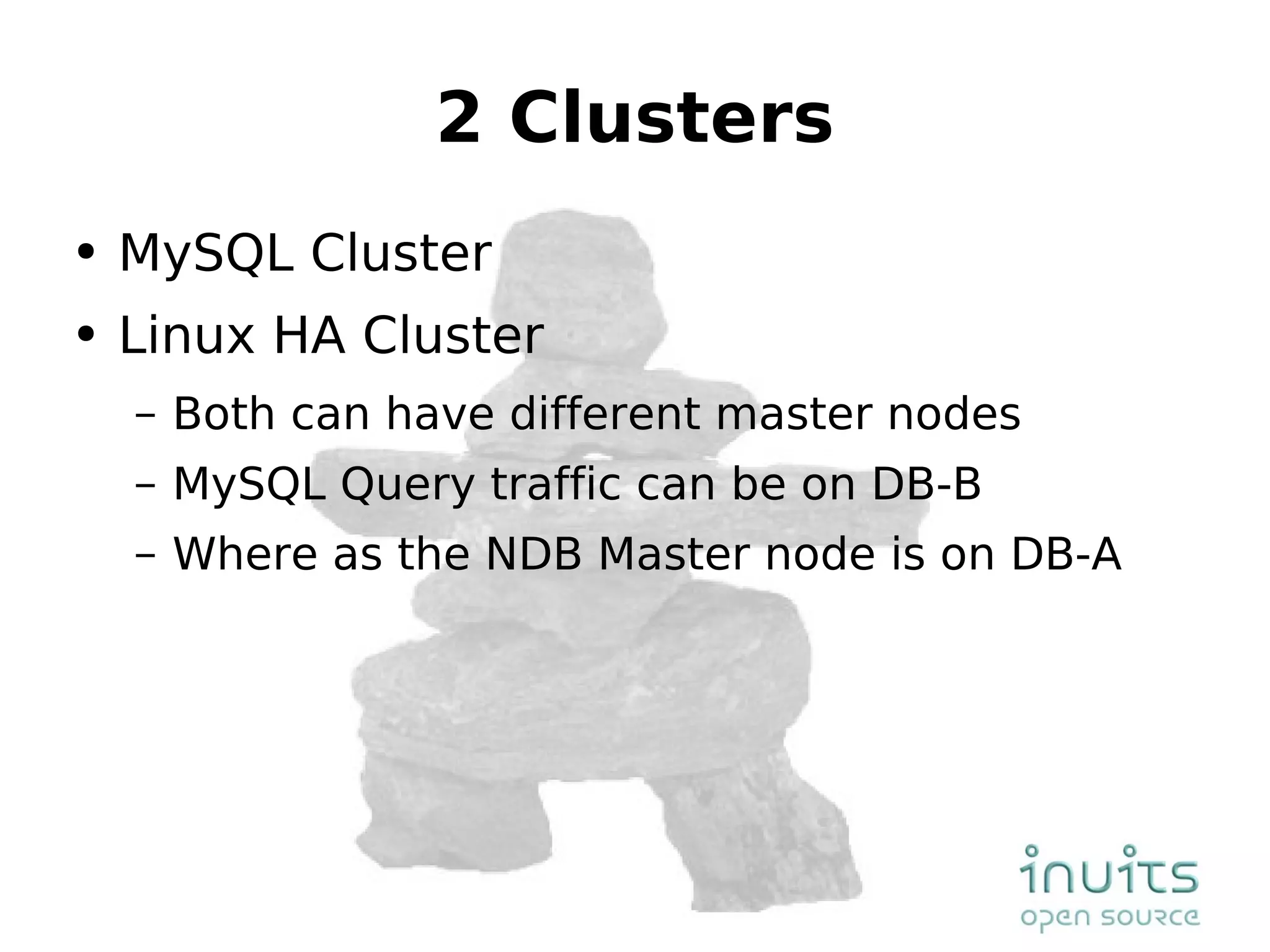 2 Clusters MySQL Cluster Linux HA Cluster Both can have different master nodes MySQL Query traffic can be on DB-B Where as the NDB Master node is on DB-A 