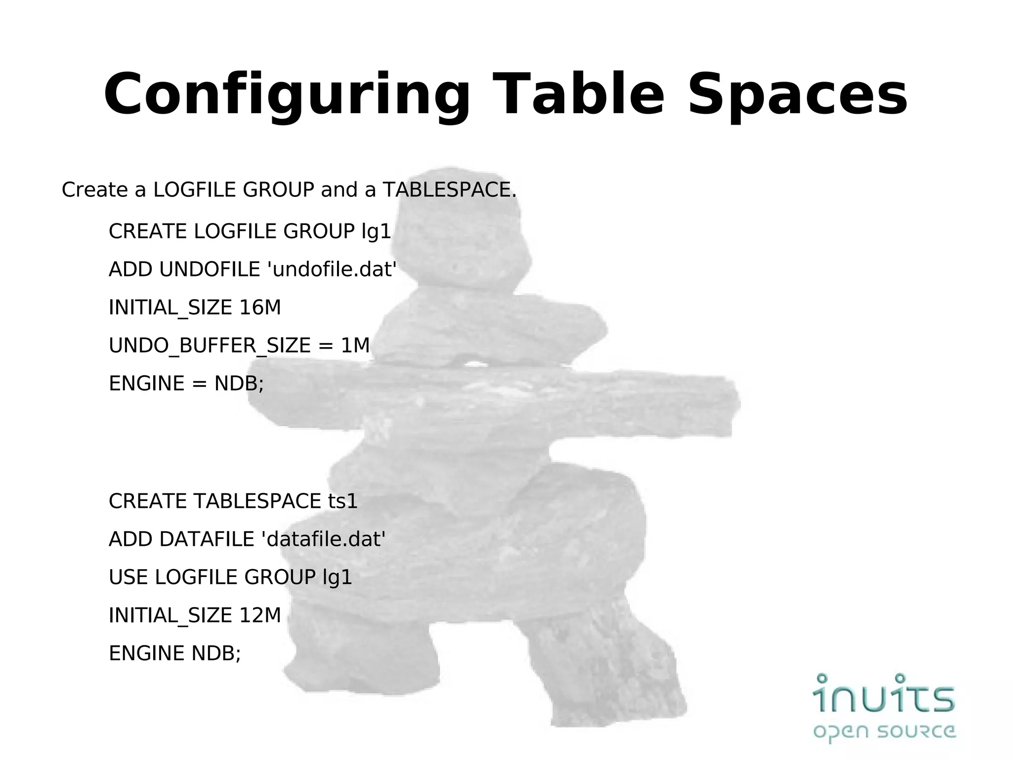 Configuring Table Spaces Create a LOGFILE GROUP and a TABLESPACE. CREATE LOGFILE GROUP lg1 ADD UNDOFILE 'undofile.dat' INITIAL_SIZE 16M UNDO_BUFFER_SIZE = 1M ENGINE = NDB; CREATE TABLESPACE ts1 ADD DATAFILE 'datafile.dat' USE LOGFILE GROUP lg1 INITIAL_SIZE 12M ENGINE NDB; 