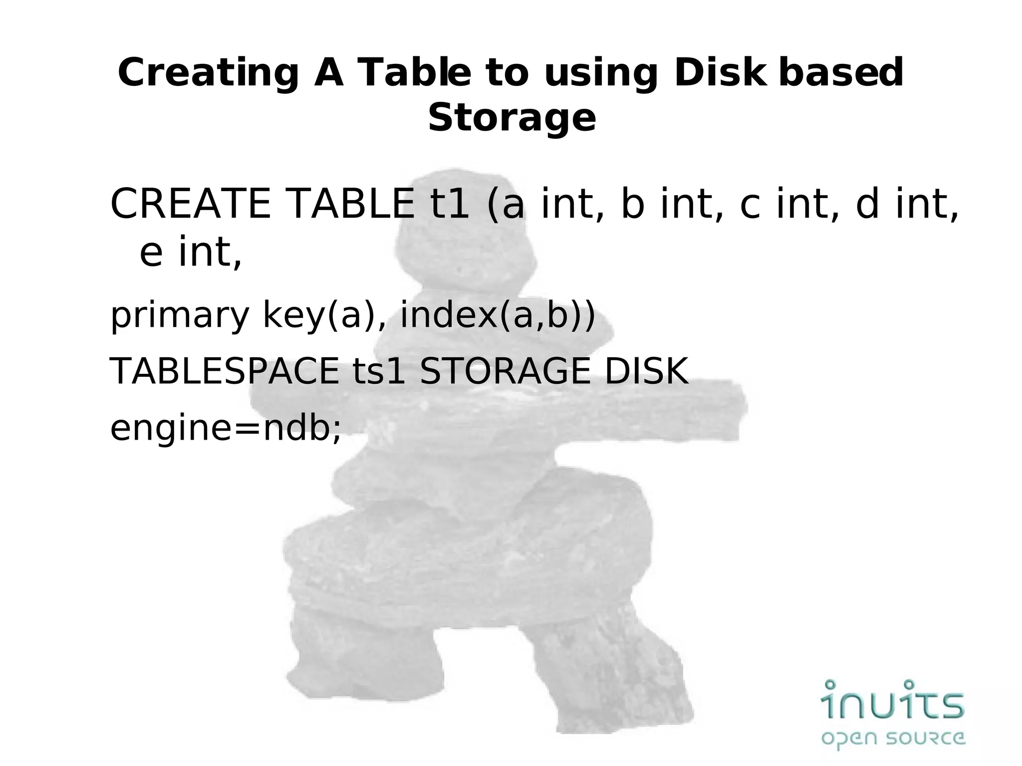 Creating A Table to using Disk based Storage CREATE TABLE t1 (a int, b int, c int, d int, e int, primary key(a), index(a,b)) TABLESPACE ts1 STORAGE DISK engine=ndb; 
