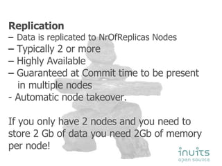 Replication Data is replicated to NrOfReplicas Nodes Typically 2 or more Highly Available Guaranteed at Commit time to be present  in multiple nodes - Automatic node takeover. If you only have 2 nodes and you need to store 2 Gb of data you need 2Gb of memory per node!  