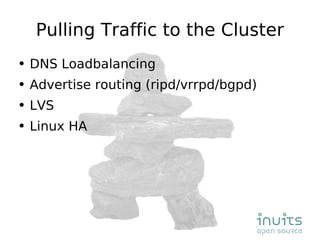 Pulling Traffic to the Cluster DNS Loadbalancing Advertise routing (ripd/vrrpd/bgpd) LVS Linux HA 