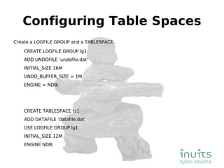 Configuring Table Spaces Create a LOGFILE GROUP and a TABLESPACE. CREATE LOGFILE GROUP lg1 ADD UNDOFILE 'undofile.dat' INITIAL_SIZE 16M UNDO_BUFFER_SIZE = 1M ENGINE = NDB; CREATE TABLESPACE ts1 ADD DATAFILE 'datafile.dat' USE LOGFILE GROUP lg1 INITIAL_SIZE 12M ENGINE NDB; 