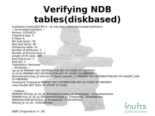 Verifying NDB tables(diskbased) [validation-newtec@CCMT-A ~]$ ndb_desc -d pmt terminalderivedmetric  -- terminalderivedmetric -- Version: 33554433 Fragment type: 5 K Value: 6 Min load factor: 78 Max load factor: 80 Temporary table: no Number of attributes: 5 Number of primary keys: 4 Length of frm data: 369 Row Checksum: 1 Row GCI: 1 TableStatus: Retrieved -- Attributes --  isp_id Int PRIMARY KEY DISTRIBUTION KEY AT=FIXED ST=MEMORY sit_id Int PRIMARY KEY DISTRIBUTION KEY AT=FIXED ST=MEMORY derivedmetricclass_id Varchar(50;latin1_swedish_ci) PRIMARY KEY DISTRIBUTION KEY AT=SHORT_VAR ST=MEMORY timestamp Timestamp PRIMARY KEY DISTRIBUTION KEY AT=FIXED ST=MEMORY value Double NOT NULL AT=FIXED ST=DISK -- Indexes --  PRIMARY KEY(isp_id, sit_id, derivedmetricclass_id, timestamp) - UniqueHashIndex PRIMARY(isp_id, sit_id, derivedmetricclass_id, timestamp) - OrderedIndex DMID(derivedmetricclass_id, timestamp) - OrderedIndex IDS(isp_id, sit_id) - OrderedIndex NDBT_ProgramExit: 0 - OK 