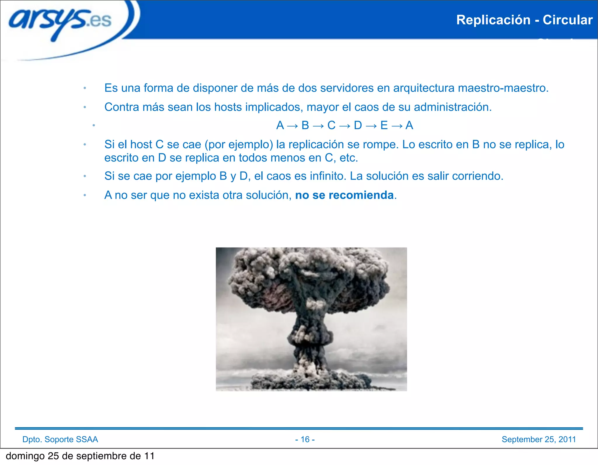 Replicación - Circular
                                                                                                                 Circular


                 ●       Es una forma de disponer de más de dos servidores en arquitectura maestro-maestro.
                 ●       Contra más sean los hosts implicados, mayor el caos de su administración.
                     ●                                     A→B→C→D→E→A
                 ●       Si el host C se cae (por ejemplo) la replicación se rompe. Lo escrito en B no se replica, lo
                         escrito en D se replica en todos menos en C, etc.
                 ●       Si se cae por ejemplo B y D, el caos es infinito. La solución es salir corriendo.
                 ●       A no ser que no exista otra solución, no se recomienda.




   Dpto. Soporte SSAA                                          - 16 -                                    September 25, 2011

domingo 25 de septiembre de 11
 