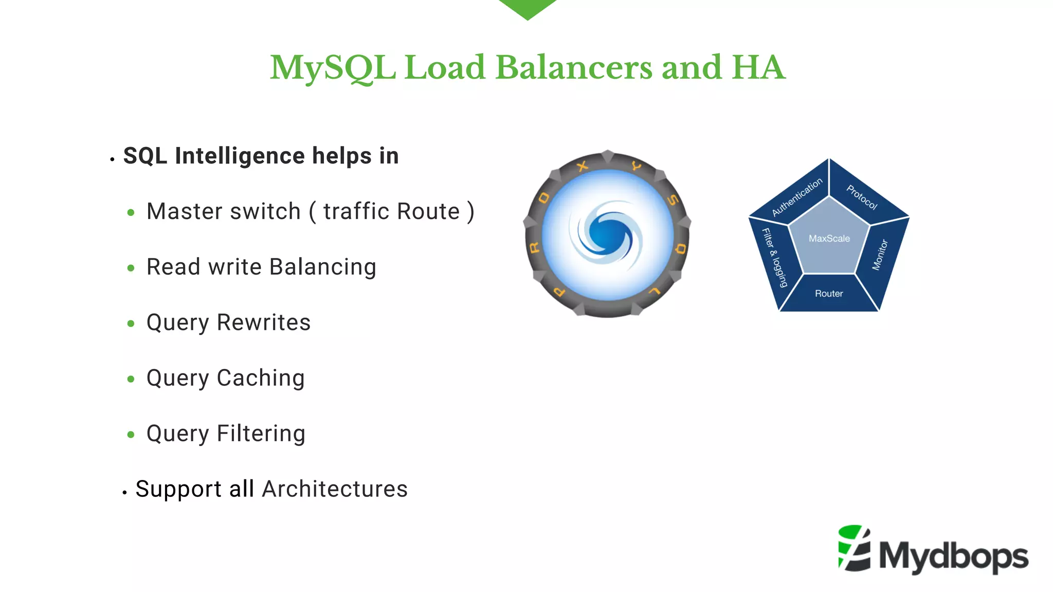 MySQL Load Balancers and HA
SQL Intelligence helps in 
Master switch ( traffic Route )
Read write Balancing 
Query Rewrites
Query Caching
Query Filtering
Support all Architectures 
 