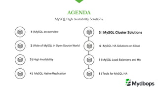  1 | MySQL an overview
 2 | Role of MySQL in Open Source World
4 |  MySQL Native Replication 
5 | MySQL Cluster Solutions
 6 | MySQL HA Solutions on Cloud
8 | Tools for MySQL HA
3 | High Availability  7 | MySQL Load Balancers and HA 
AGENDA
MySQL High Availability Solutions
 