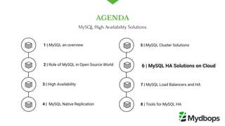 1 | MySQL an overview
 2 | Role of MySQL in Open Source World
4 |  MySQL Native Replication 
5 | MySQL Cluster Solutions
 6 | MySQL HA Solutions on Cloud
8 | Tools for MySQL HA
3 | High Availability  7 | MySQL Load Balancers and HA 
AGENDA
MySQL High Availability Solutions
 