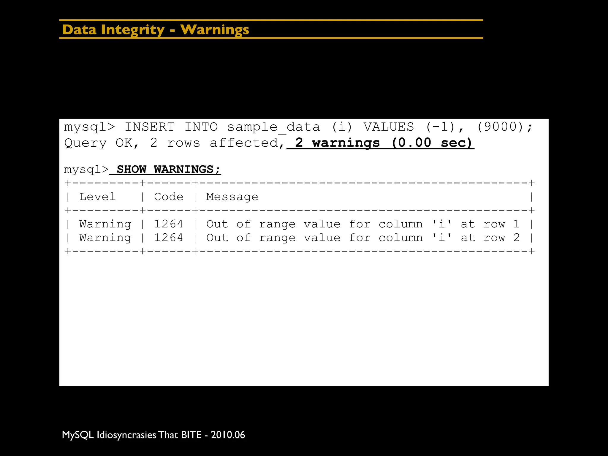 Data Integrity - Warnings




mysql> INSERT INTO sample_data (i) VALUES (-1), (9000);
Query OK, 2 rows affected, 2 warnings (0.00 sec)
mysql> SHOW WARNINGS;
+---------+------+--------------------------------------------+
| Level   | Code | Message                                    |
+---------+------+--------------------------------------------+
| Warning | 1264 | Out of range value for column 'i' at row 1 |
| Warning | 1264 | Out of range value for column 'i' at row 2 |
+---------+------+--------------------------------------------+




MySQL Idiosyncrasies That BITE - 2010.06
 