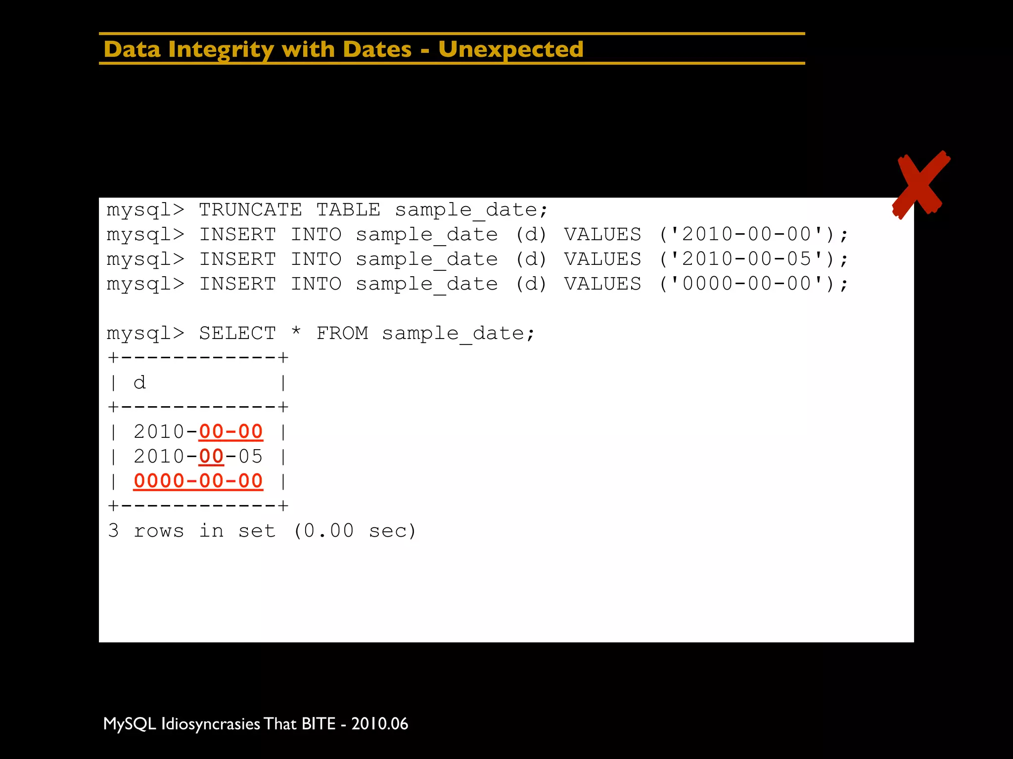 Data Integrity with Dates - Unexpected




mysql>
mysql>
            TRUNCATE TABLE sample_date;
            INSERT INTO sample_date (d) VALUES ('2010-00-00');
                                                                 ✘
mysql>      INSERT INTO sample_date (d) VALUES ('2010-00-05');
mysql>      INSERT INTO sample_date (d) VALUES ('0000-00-00');

mysql> SELECT * FROM sample_date;
+------------+
| d          |
+------------+
| 2010-00-00 |
| 2010-00-05 |
| 0000-00-00 |
+------------+
3 rows in set (0.00 sec)




MySQL Idiosyncrasies That BITE - 2010.06
 