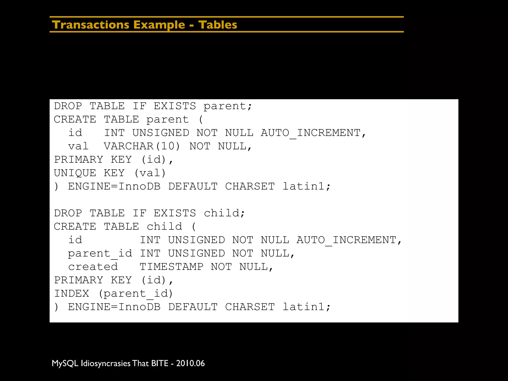 Transactions Example - Tables




DROP TABLE IF EXISTS parent;
CREATE TABLE parent (
  id   INT UNSIGNED NOT NULL AUTO_INCREMENT,
  val VARCHAR(10) NOT NULL,
PRIMARY KEY (id),
UNIQUE KEY (val)
) ENGINE=InnoDB DEFAULT CHARSET latin1;

DROP TABLE IF EXISTS child;
CREATE TABLE child (
  id        INT UNSIGNED NOT NULL AUTO_INCREMENT,
  parent_id INT UNSIGNED NOT NULL,
  created   TIMESTAMP NOT NULL,
PRIMARY KEY (id),
INDEX (parent_id)
) ENGINE=InnoDB DEFAULT CHARSET latin1;



MySQL Idiosyncrasies That BITE - 2010.06
 