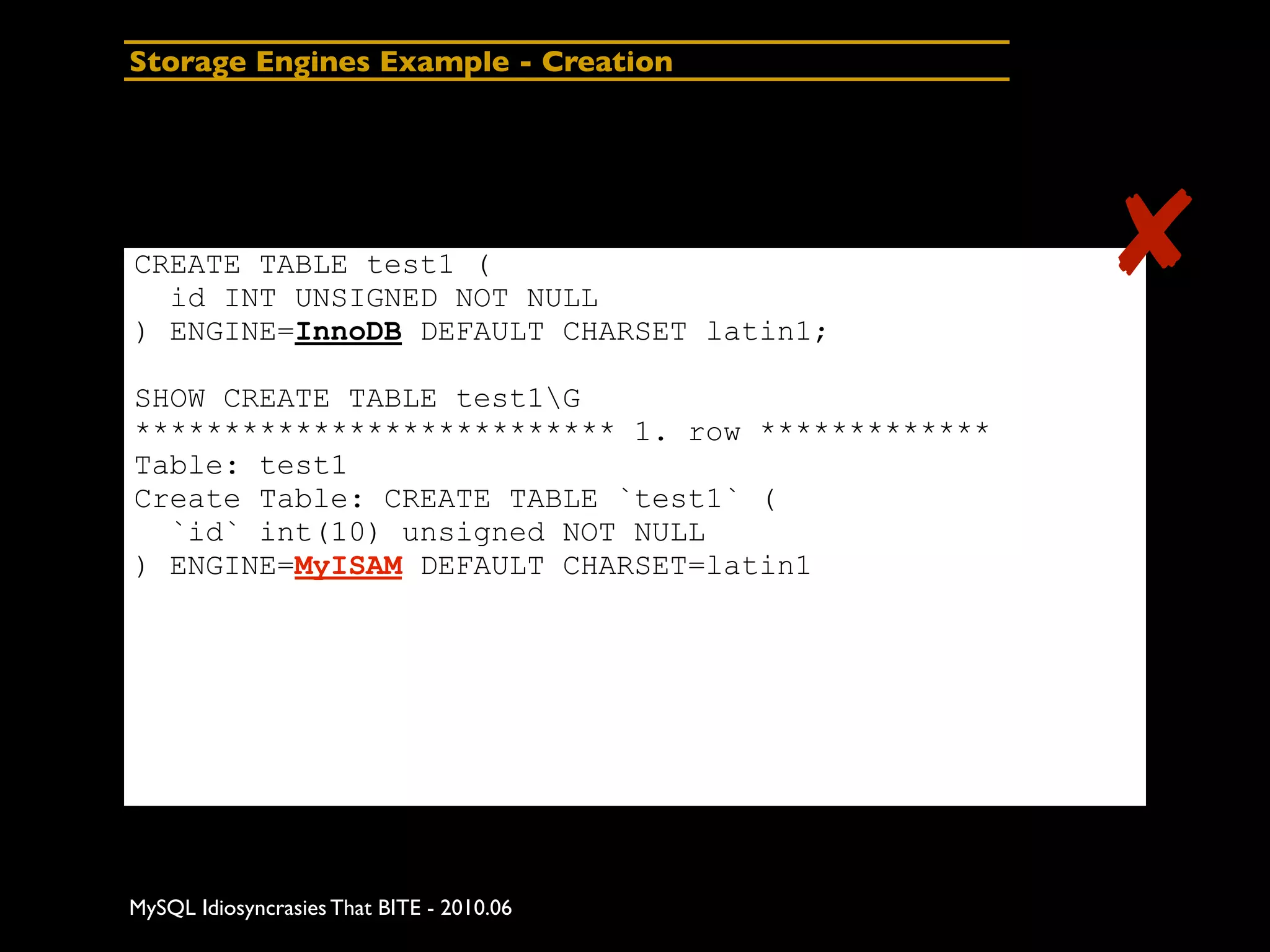 Storage Engines Example - Creation




CREATE TABLE test1 (
  id INT UNSIGNED NOT NULL
                                                   ✘
) ENGINE=InnoDB DEFAULT CHARSET latin1;

SHOW CREATE TABLE test1G
*************************** 1. row *************
Table: test1
Create Table: CREATE TABLE `test1` (
  `id` int(10) unsigned NOT NULL
) ENGINE=MyISAM DEFAULT CHARSET=latin1




MySQL Idiosyncrasies That BITE - 2010.06
 