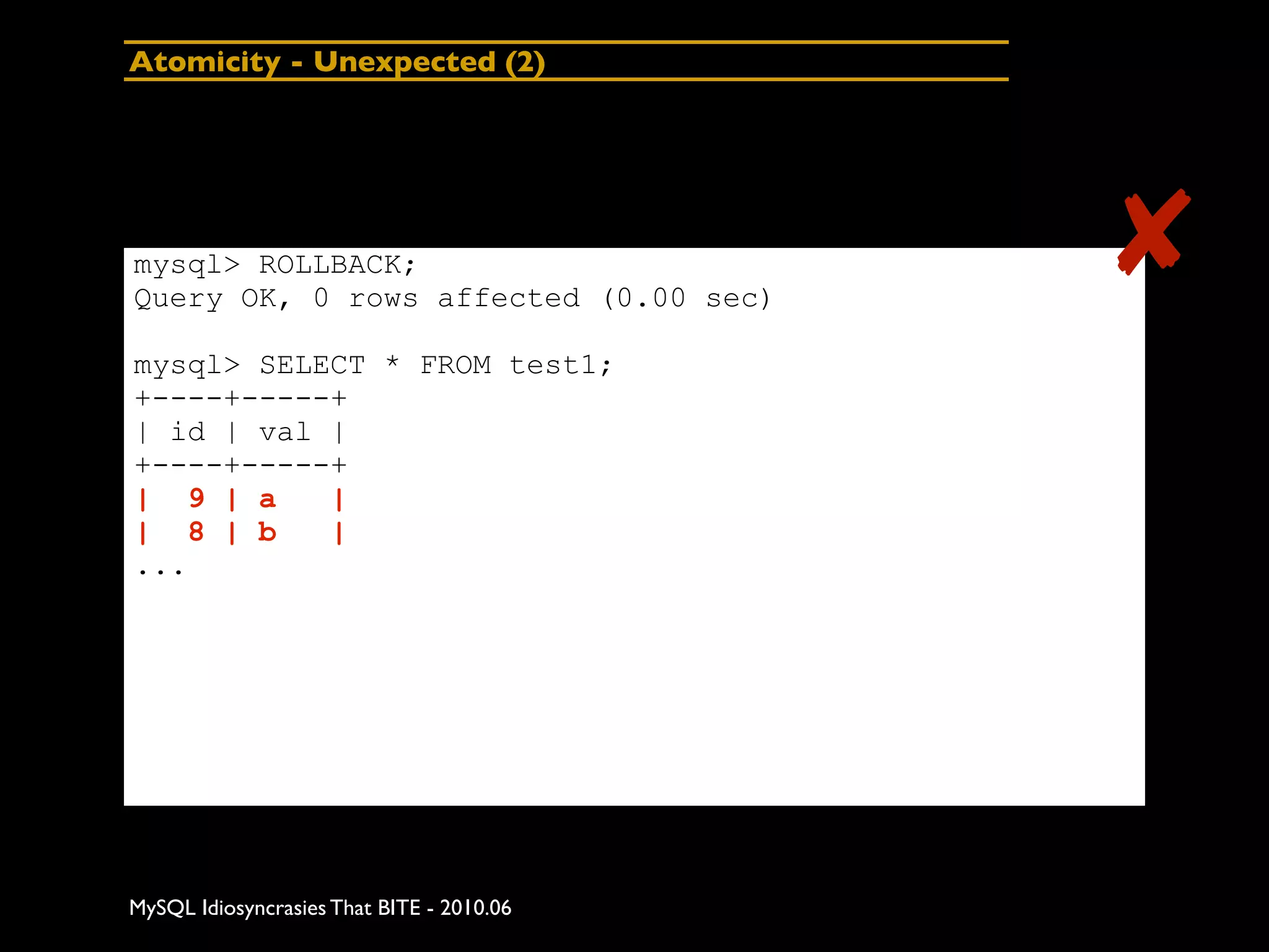 Atomicity - Unexpected (2)




mysql> ROLLBACK;
Query OK, 0 rows affected (0.00 sec)
                                           ✘
mysql> SELECT * FROM test1;
+----+-----+
| id | val |
+----+-----+
| 9 | a    |
| 8 | b    |
...




MySQL Idiosyncrasies That BITE - 2010.06
 
