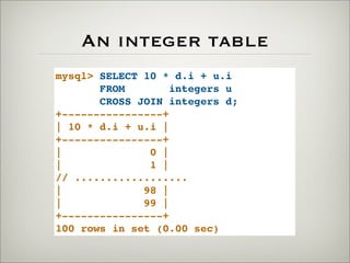 An integer table
mysql> SELECT 10 * d.i + u.i
FROM integers u
CROSS JOIN integers d;
+----------------+
| 10 * d.i + u.i |
+----------------+
| 0 |
| 1 |
// ..................
| 98 |
| 99 |
+----------------+
100 rows in set (0.00 sec)
 