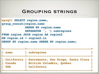 Grouping strings
mysql> SELECT region.name,
group_concat(region.name
ORDER BY region.name
SEPARATOR ', ') subregions
FROM region JOIN region AS region2
ON region.id = region2.in
GROUP BY region.name ORDER BY region.name;
+------------+------------------------------------+
| name | subregions |
+------------+------------------------------------+
| California | Sacramento, San Diego, Santa Clara |
| Canada | British Colombia, Québec |
| USA | California |
+------------+------------------------------------+
 