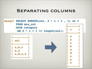 Separating columns
mysql> SELECT SUBSTR(col, 2 * i + 1 , 1) as v
FROM mce_col
JOIN integers
ON 2 * i + 1 <= length(col);
+---------+
| col |
+---------+
| a,b,c |
| e,a |
| c,d,e,f |
+---------+
+------+
| v |
+------+
| a |
| e |
| c |
| b |
| a |
| d |
| c |
| e |
| f |
+------+
 