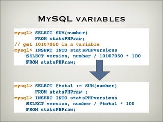 MySQL variables
mysql> SELECT @total := SUM(number)
FROM statsPHPraw ;
mysql> INSERT INTO statsPHPversions
SELECT version, number / @total * 100
FROM statsPHPraw;
mysql> SELECT SUM(number)
FROM statsPHPraw;
// get 10107060 in a variable
mysql> INSERT INTO statsPHPversions
SELECT version, number / 10107060 * 100
FROM statsPHPraw;
 