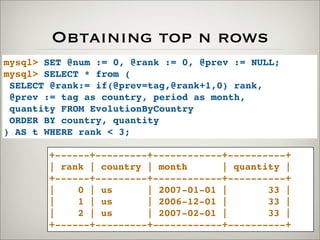 Obtaining top n rows
mysql> SET @num := 0, @rank := 0, @prev := NULL;
mysql> SELECT * from (
SELECT @rank:= if(@prev=tag,@rank+1,0) rank,
@prev := tag as country, period as month,
quantity FROM EvolutionByCountry
ORDER BY country, quantity
) AS t WHERE rank < 3;
+------+---------+------------+----------+
| rank | country | month | quantity |
+------+---------+------------+----------+
| 0 | us | 2007-01-01 | 33 |
| 1 | us | 2006-12-01 | 33 |
| 2 | us | 2007-02-01 | 33 |
+------+---------+------------+----------+
 