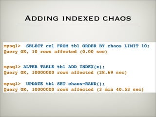 Adding indexed chaos
mysql> SELECT col FROM tbl ORDER BY chaos LIMIT 10;
Query OK, 10 rows affected (0.00 sec)
mysql> ALTER TABLE tbl ADD INDEX(x);
Query OK, 10000000 rows affected (28.69 sec)
mysql> UPDATE tbl SET chaos=RAND();
Query OK, 10000000 rows affected (3 min 40.53 sec)
 