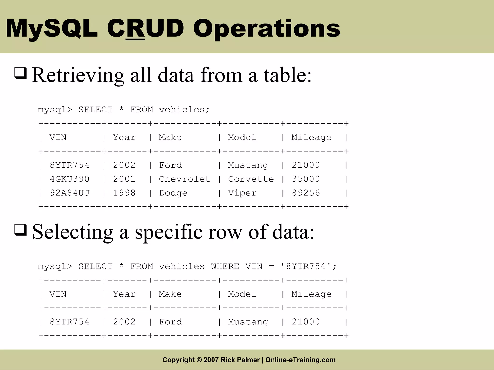 MySQL C R UD Operations Retrieving all data from a table: mysql> SELECT * FROM vehicles; +----------+-------+-----------+----------+----------+ | VIN | Year | Make | Model | Mileage | +----------+-------+-----------+----------+----------+ | 8YTR754 | 2002 | Ford | Mustang | 21000 | | 4GKU390 | 2001 | Chevrolet | Corvette | 35000 | | 92A84UJ | 1998 | Dodge | Viper | 89256 | +----------+-------+-----------+----------+----------+ Selecting a specific row of data: mysql> SELECT * FROM vehicles WHERE VIN = '8YTR754'; +----------+-------+-----------+----------+----------+ | VIN | Year | Make | Model | Mileage | +----------+-------+-----------+----------+----------+ | 8YTR754 | 2002 | Ford | Mustang | 21000 | +----------+-------+-----------+----------+----------+ 