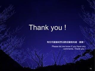 15
Thank you !
κνh뷨gӭ׌֪xx
Please let me know if you have any
comments. Thank you !
 
