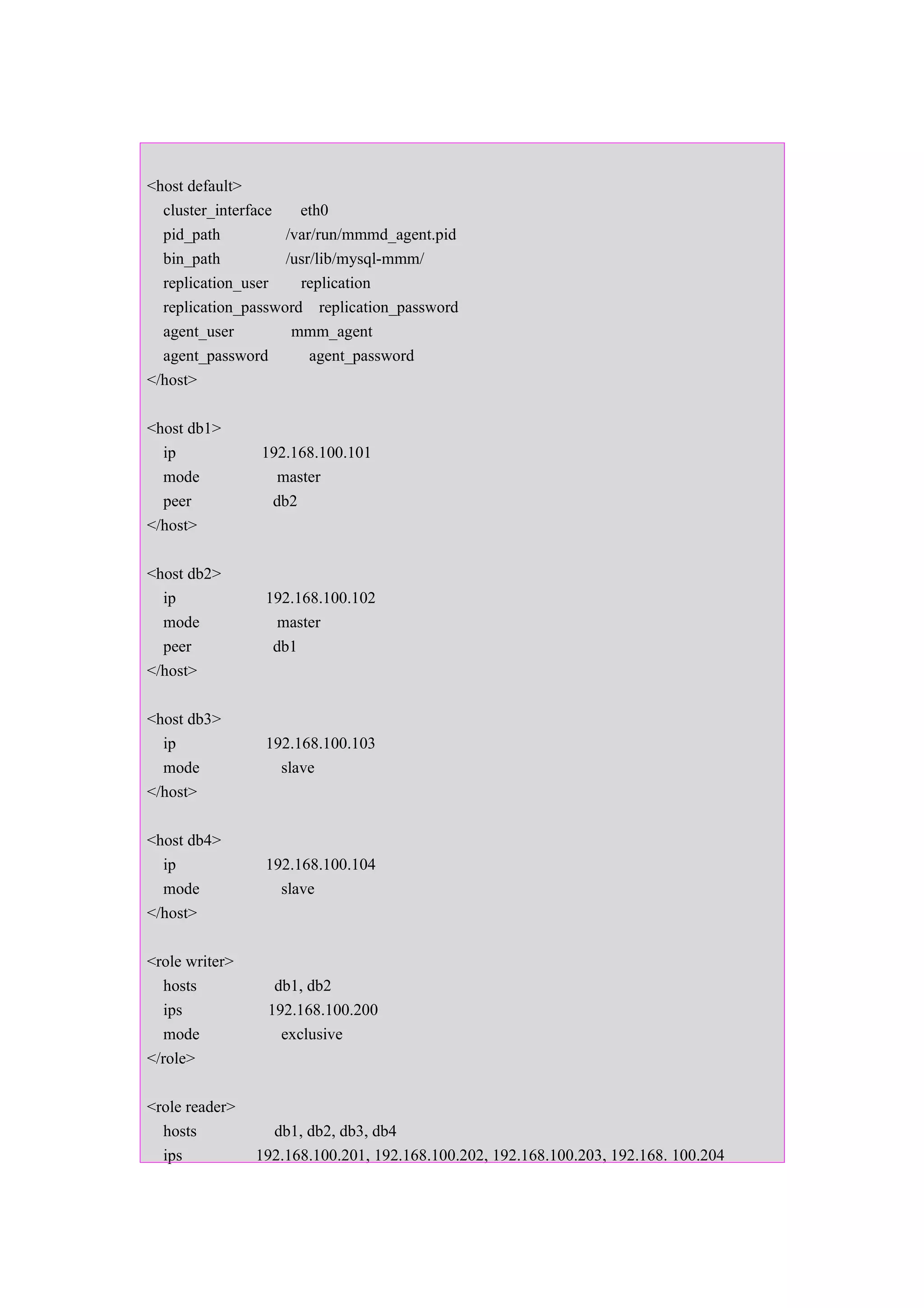 <host default>
  cluster_interface   eth0
  pid_path          /var/run/mmmd_agent.pid
  bin_path          /usr/lib/mysql-mmm/
  replication_user    replication
  replication_password replication_password
  agent_user         mmm_agent
  agent_password        agent_password
</host>

<host db1>
  ip            192.168.100.101
  mode            master
  peer           db2
</host>

<host db2>
  ip             192.168.100.102
  mode             master
  peer            db1
</host>

<host db3>
  ip             192.168.100.103
  mode             slave
</host>

<host db4>
  ip             192.168.100.104
  mode             slave
</host>

<role writer>
  hosts           db1, db2
  ips            192.168.100.200
  mode             exclusive
</role>

<role reader>
  hosts           db1, db2, db3, db4
  ips           192.168.100.201, 192.168.100.202, 192.168.100.203, 192.168. 100.204
 